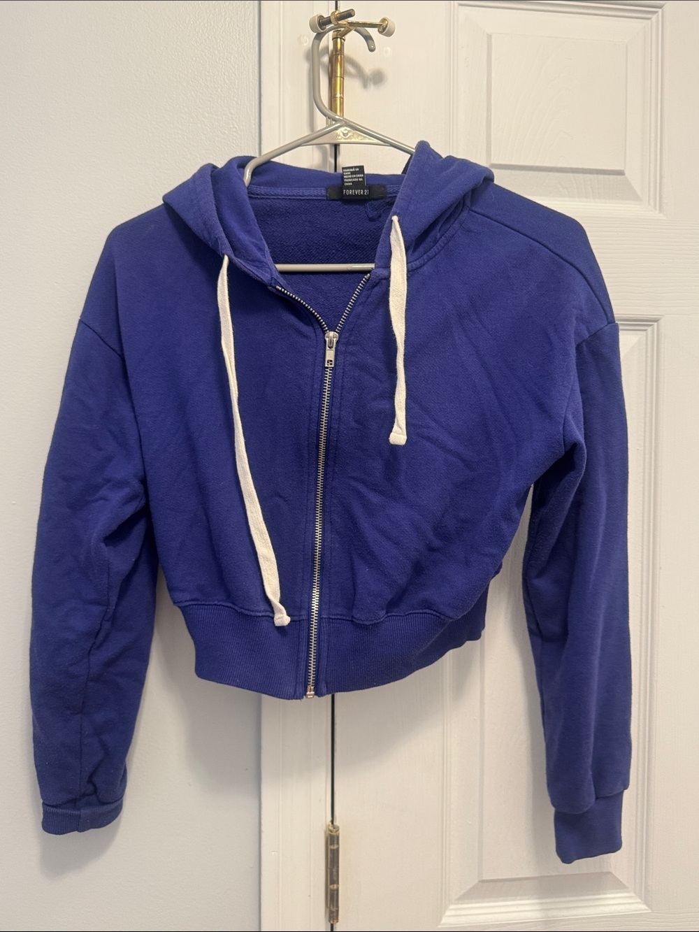 Forever 21 Royal Blue Cropped Zip-Up Hoodie with White Drawstrings